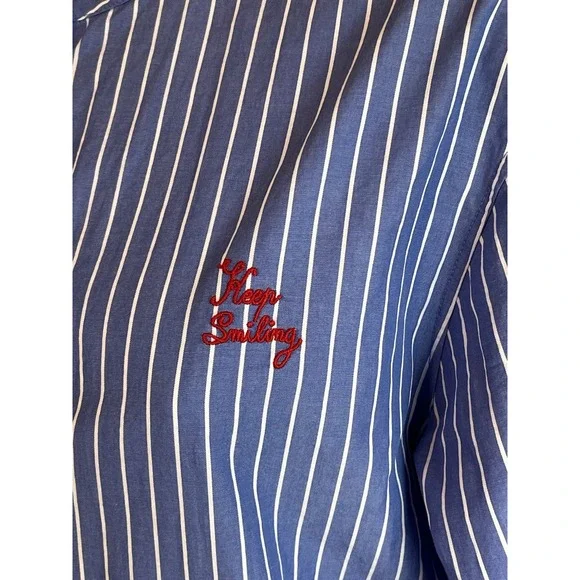 Maison Labiche Dress Size‎ S Blue Button Down Striped W/embroidered Keep Smiling - Picture 3 of 9